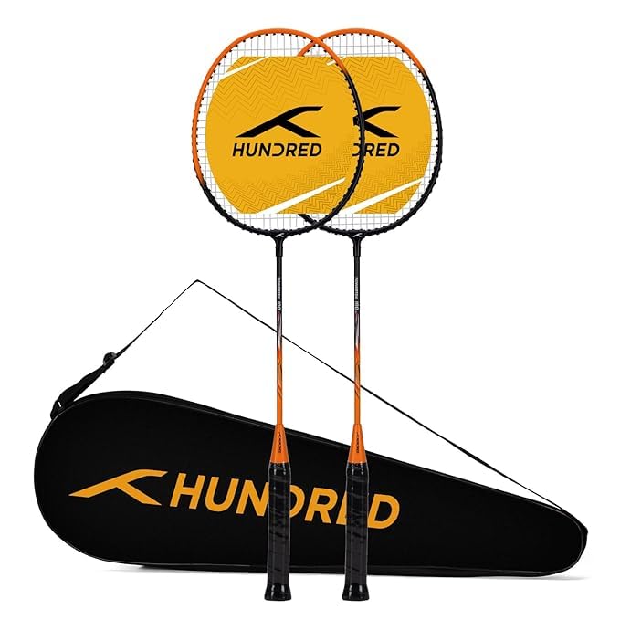 Hundred Aluminium Powertek 100 | Badminton Racket with Cover | Set of 2 (Orange)